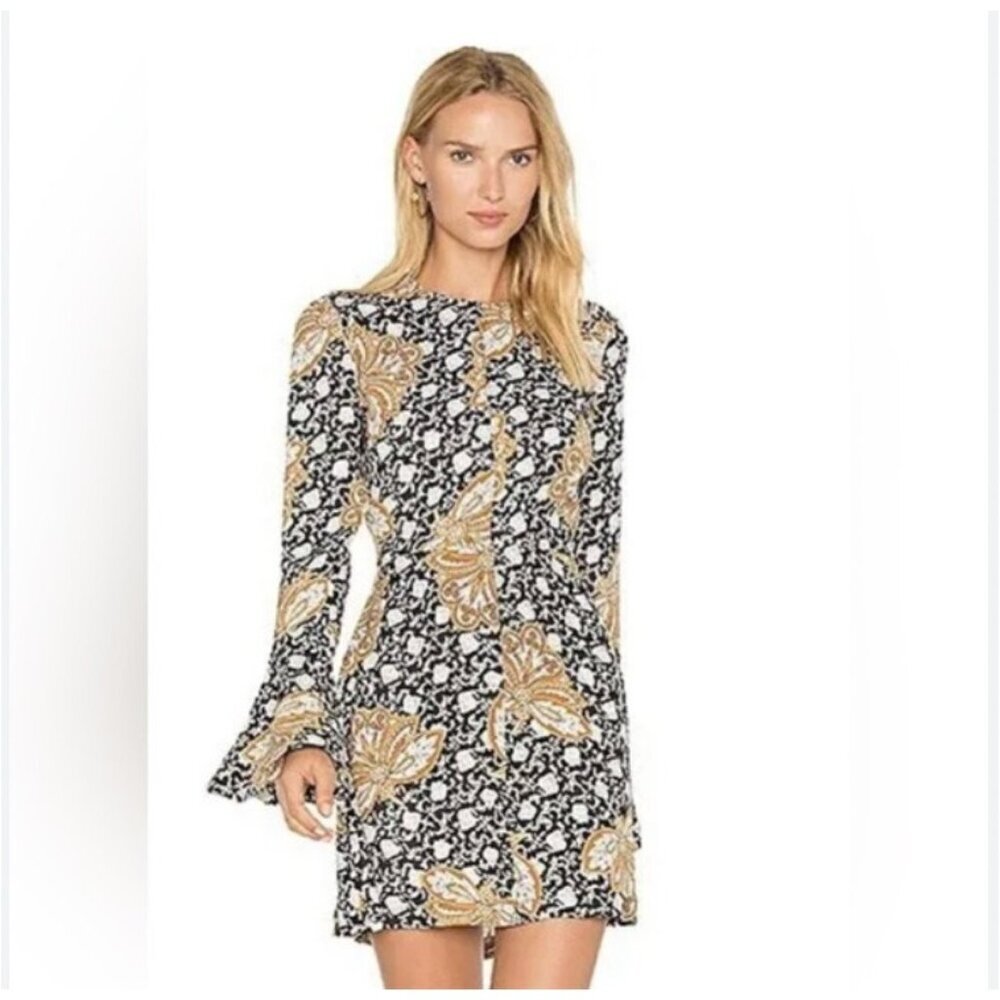 A.L.C. Dress Womens 0 Black Gold Paisley Floral Long Sleeve Bell Sleeve